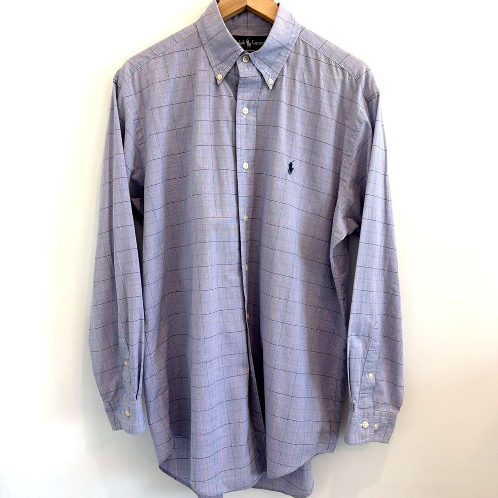 VTG Ralph Lauren Polo Plaid Button Down Dress Shirt Yarmouth Sz L Purple 90s EUC